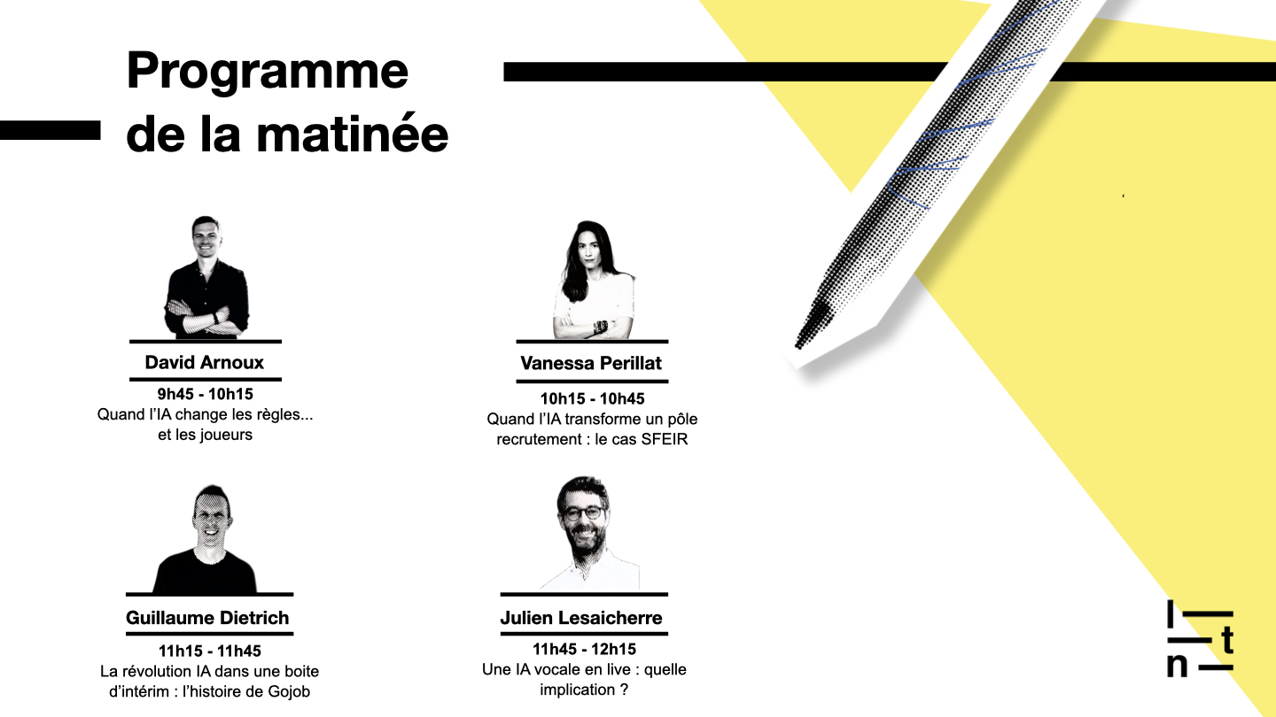 Programme de la matinée du TalentLab Futur : interventions de David Arnoux sur l'impact de l'IA dans le recrutement, Vanessa Perillat sur la transformation du pôle recrutement chez SFEIR, Guillaume Dietrich sur la révolution IA chez GoJob et Julien Lesaicherre sur l'IA vocale en entretien.