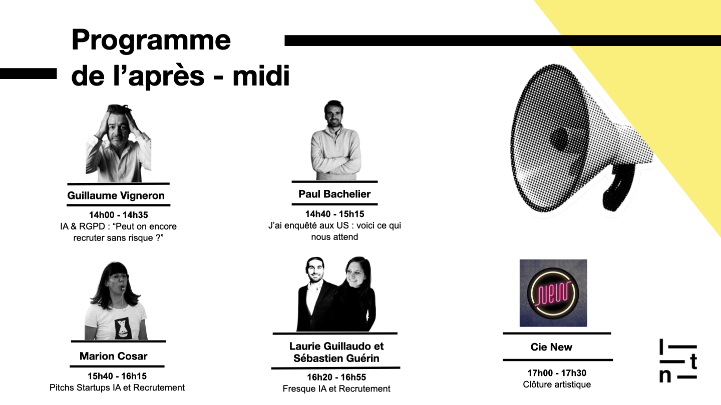 Programme de l’après-midi du TalentLab Futur : interventions de Guillaume Vigneron sur l’IA et le RGPD, Paul Bachelier sur les tendances du recrutement aux États-Unis, Marion Cosar pour les pitchs startups IA et recrutement, Laurie Guillodo et Sébastien Guérin sur la fresque IA & recrutement, puis performance artistique de la Cie New.